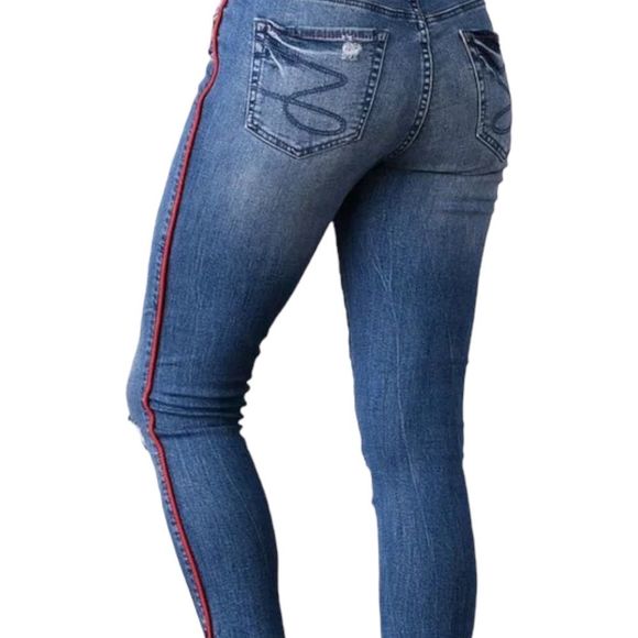 Seven7 size 10 mid rise ankle distressed skinny jeans with red stripes down legs - Picture 3 of 16